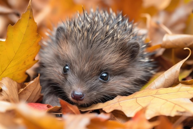 Baby hedgehog in a pile of crisp autumn leaves with its quills visible created with generative ai