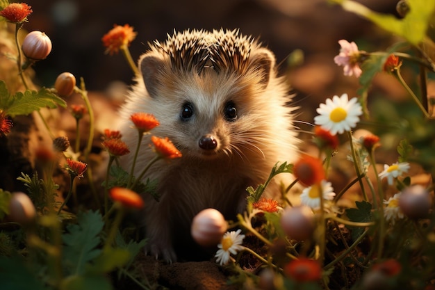 Baby hedgehog in spring green grass with flowers Generative AI