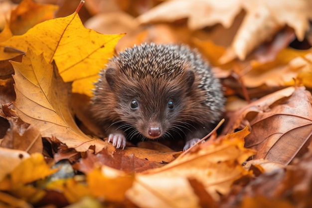 Baby hedgehog stretching its legs in a pile of golden fallen leaves created with generative ai