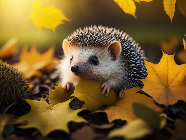 Baby hedgehog surrounded by pile of leaves ai generative