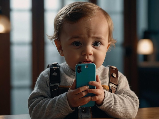 Photo a baby holding a phone with the number 6 on it