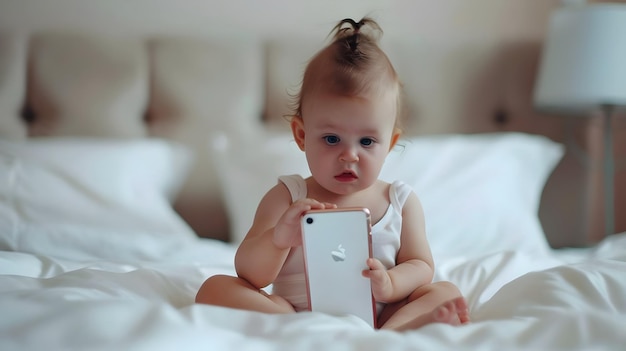 Photo baby holding smartphone soft bed sheets playful curious expression