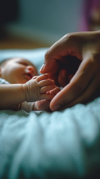 a baby is being held by a hand with a bandage on it.