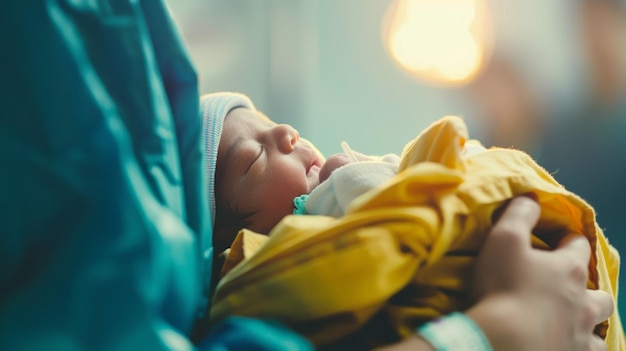 Photo a baby is being held by a person in a hospital setting