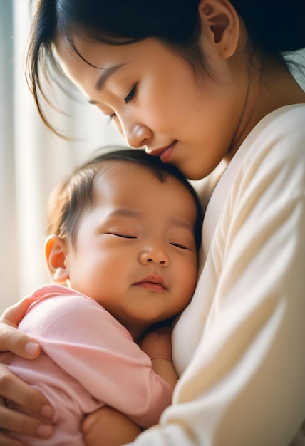 a baby is being held by a woman with the babys eyes closed