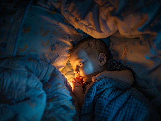 a baby is under a blanket with a blue light