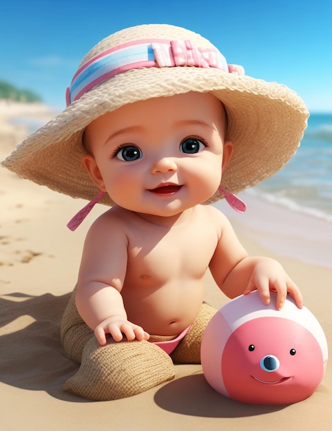 a baby is holding a ball and a hat on the beach