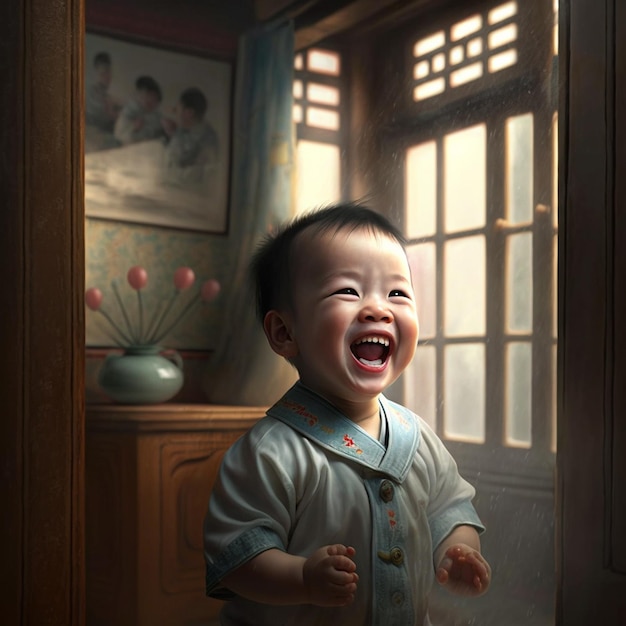 A baby is laughing and is wearing a blue shirt with a red flower on it.