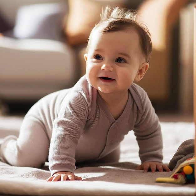 A baby is laying on a bed with a toy in the background