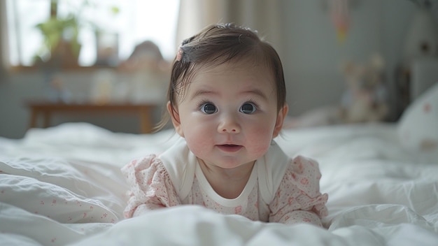 a baby is laying on a bed with a white blanket