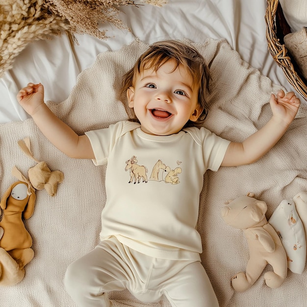 a baby is laying on a blanket with a toy on it