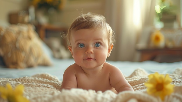 a baby is laying on a blanket with the words  baby  on the bottom