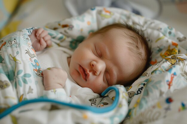 a baby is laying in a crib with a spoon