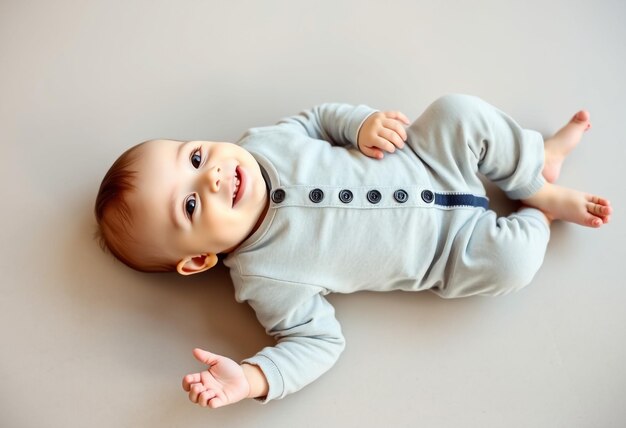 Photo a baby is laying on the floor and is wearing a blue shirt