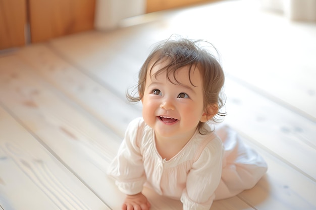 a baby is laying on the floor and smiling