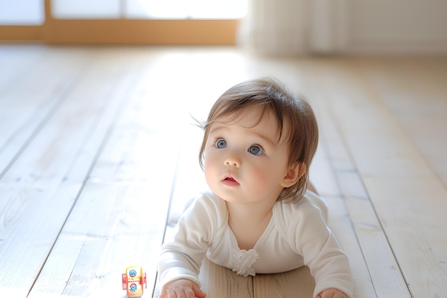 a baby is laying on the floor with a colorful toy in front of it