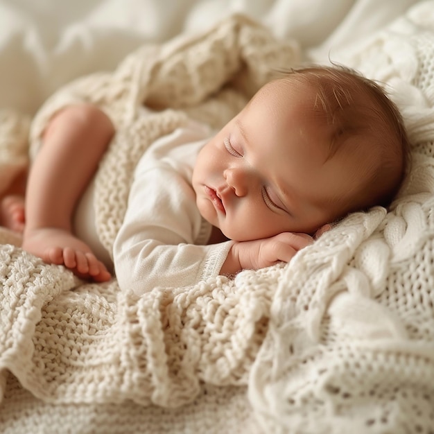 a baby is laying on a white blanket with a white knitted blanket