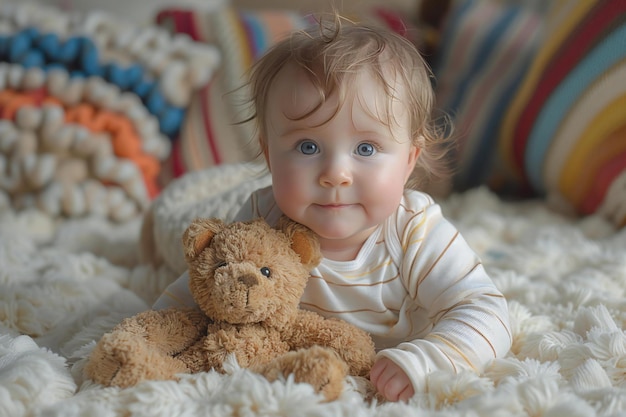 a baby is looking at a teddy bear on a rug