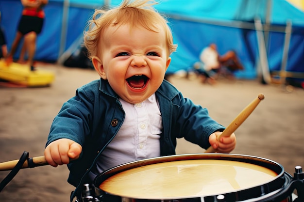 a baby is playing the drums with a blue jacket.