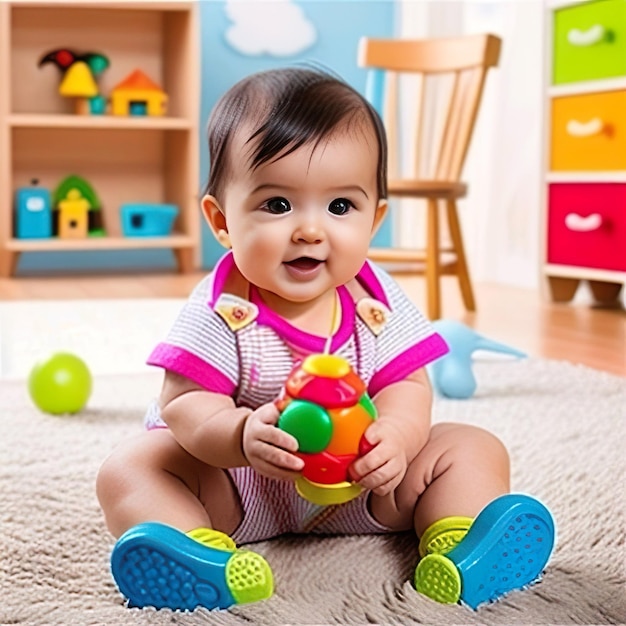 A baby is playing with a ball in her hands.