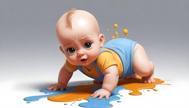 a baby is playing with a colorful piece of orange paint