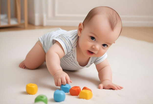 a baby is playing with colorful plastic toys on the floor