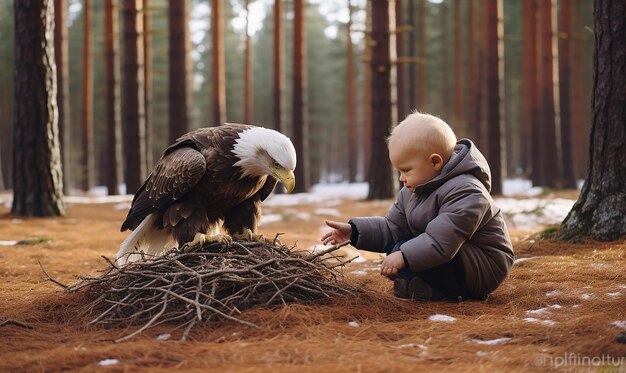 Photo a baby is playing with an eagle in a forest