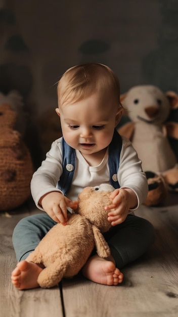 A baby is playing with a stuffed animal and a stuffed animal in the background