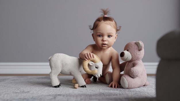 a baby is playing with a stuffed sheep and a stuffed lamb