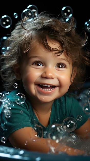 A baby is sitting in a bathtub surrounded by bubbles Created with Generative AI