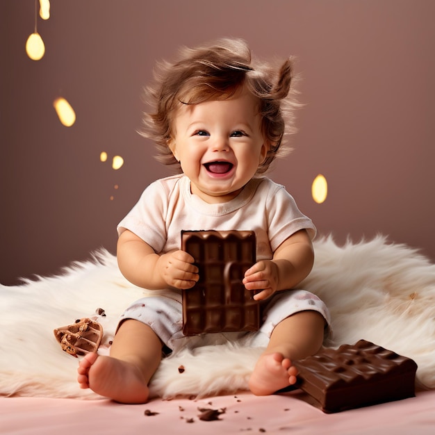 a baby is sitting on a blanket with a chocolate bar in the background