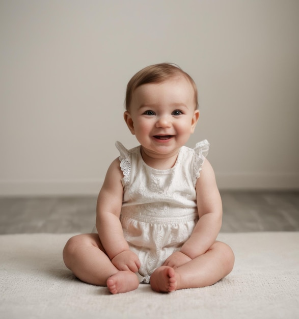 a baby is sitting on the floor and smiling