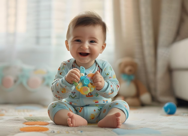 a baby is sitting on the floor and smiling