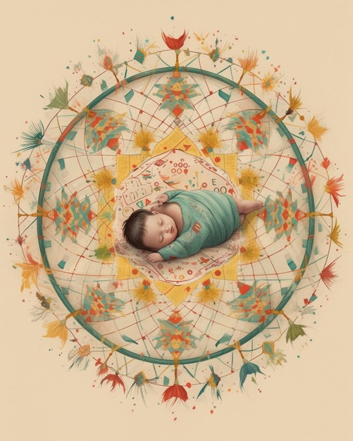 A baby is sleeping in a circle with a flower in the middle.