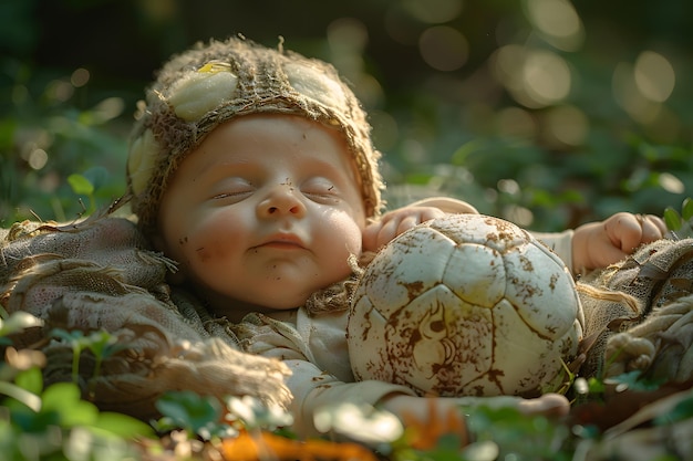 A baby is sleeping with a soccer ball next to him