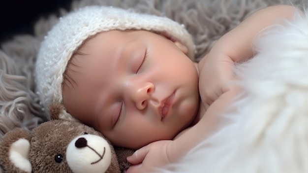 A baby is sleeping with a stuffed animal on its head.