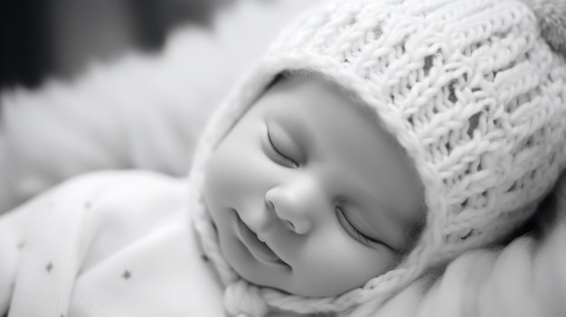 A baby is sleeping with a white knit hat on