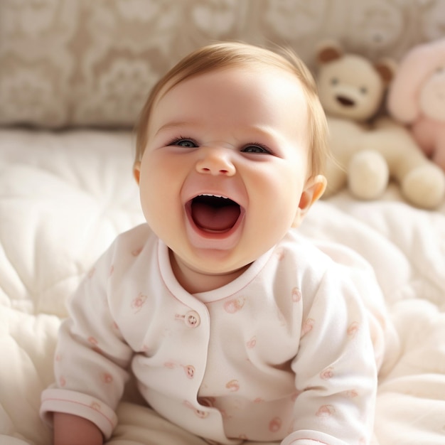 a baby is smiling and has a stuffed animal in the background