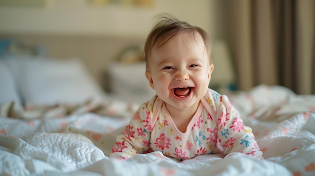 Photo a baby is smiling and laughing on a bed ai generated