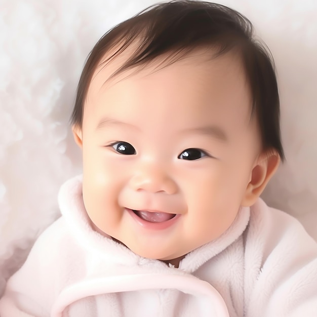 a baby is smiling and smiling on a white blanket