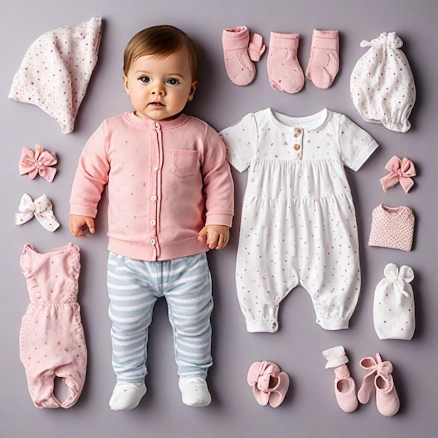 Photo a baby is standing in front of a collection of baby clothes