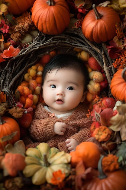 a baby is surrounded by pumpkins and a baby is surrounded by pumpkins