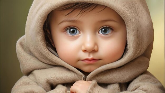 Photo a baby is wearing a brown blanket with a blue eyes and a brown nose