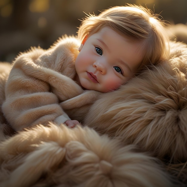 Photo a baby is wrapped in a blanket with a brown fur coat