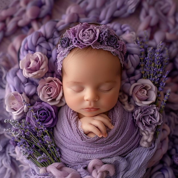 a baby is wrapped in a blanket with roses