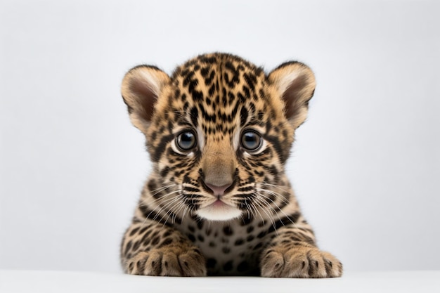 a baby jaguar is sitting on a white surface