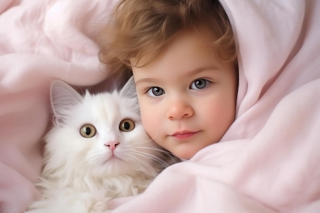 baby and kitten playing with cat on the blanket