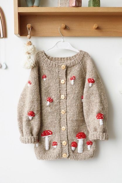 Baby knitted clothes Handmade knitted sweater with fly agaric mushrooms Jacket with embroidery