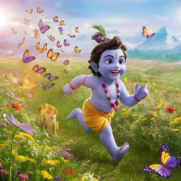 Baby Krishna with butterflies flying in the background