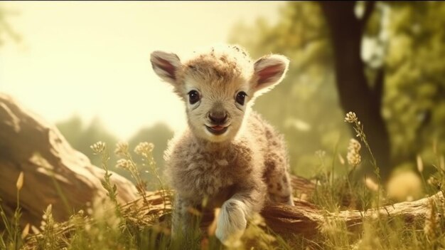 A baby lamb is in a field with flowers.